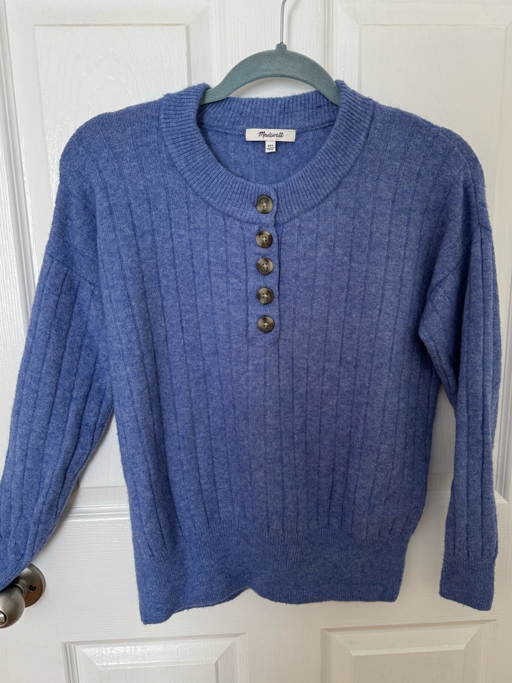 Madewell Womens Blue Ribbed Crewneck Henley Sweater